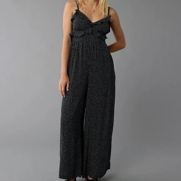 NWT AE Black and White Polka Dot Jumpsuit - Picture 1 of 8